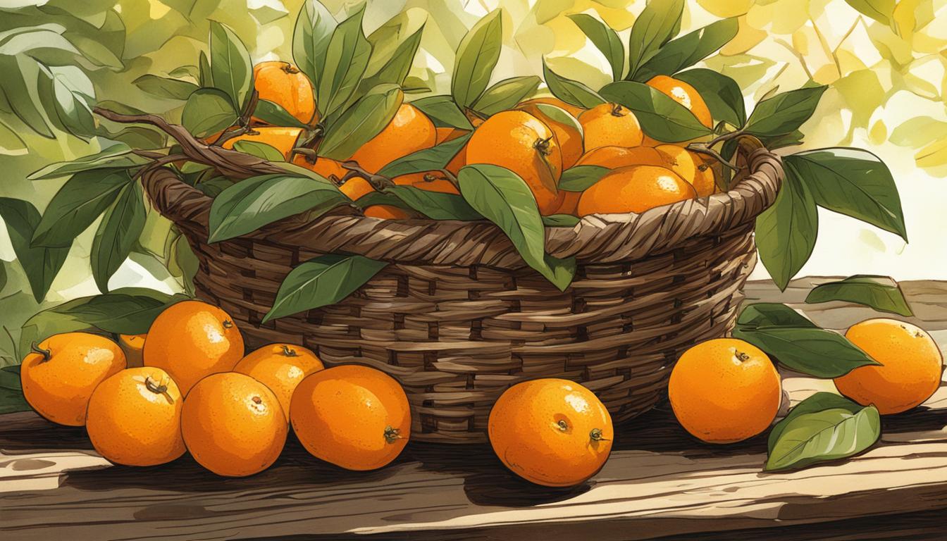 Orangequats in a basket on a wooden table